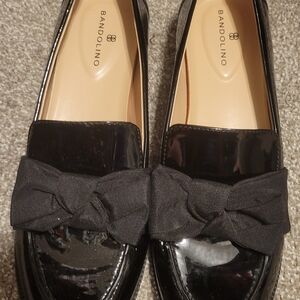 Bandolino Black Patent Loafers with Fabric Bow